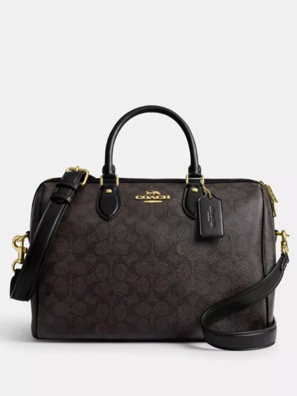 Coach Rowan LARGE Crossbody Shoulder Bag Signature C Brown Black Gold Zip CV959